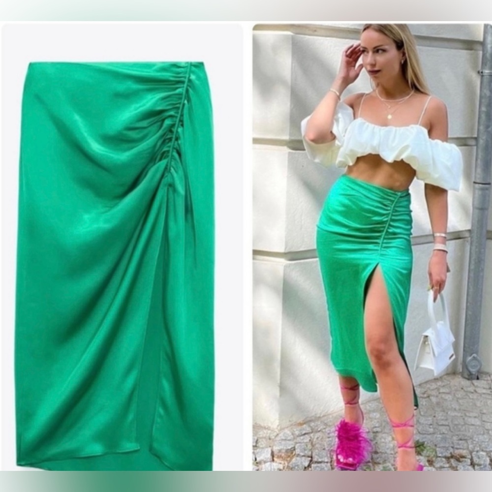 ZARA High Slit Emerald Green Skirt